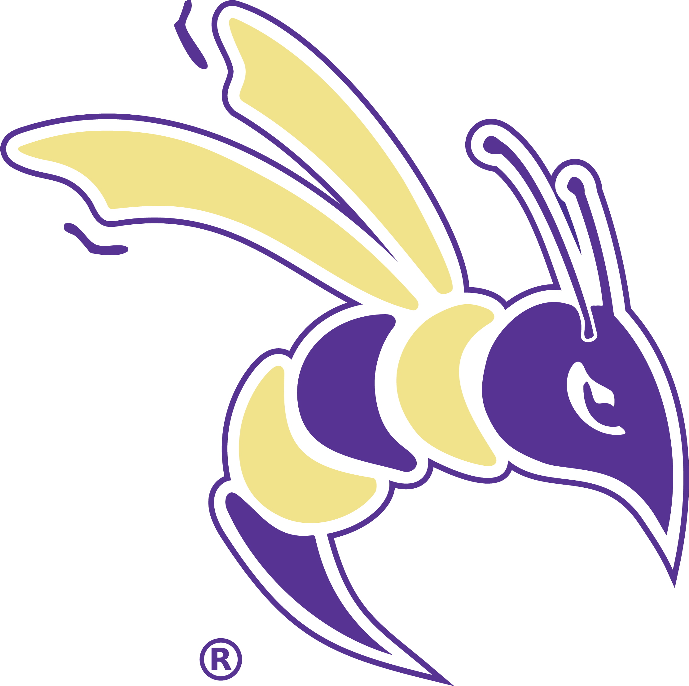 Defiance College Yellow Jacket mascot in purple and gold